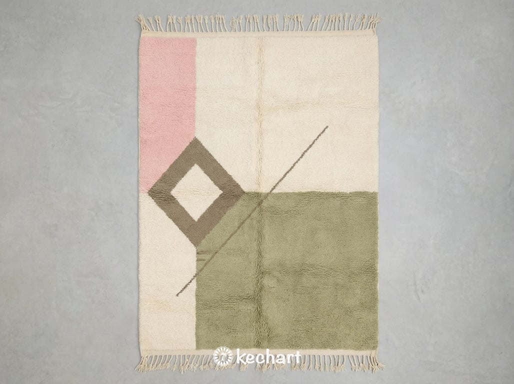 Custom Size Beni Ourain Moroccan Rug with Sage Green, Powder Pink, and Taupe Geometric Diamond Pattern on Soft White Wool Base - Handwoven Shag Texture.