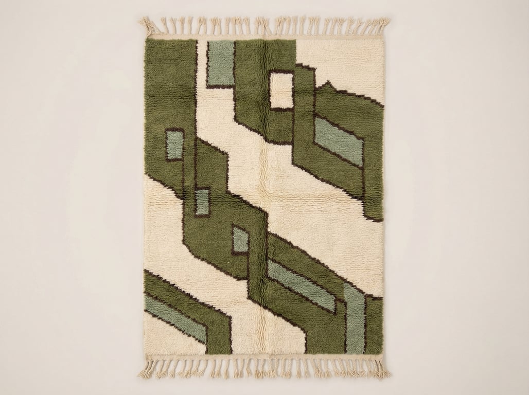 Custom Beni Ourain Moroccan wool rug showing plush texture, finished with traditional fringe, featuring geometric diamond patterns in olive grove, raw umber, sage green, and classic beige hues.