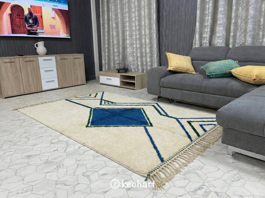 Custom Made Beni Ourain Rug - Moroccan Blue & Fir Green Diamond Wool Rug