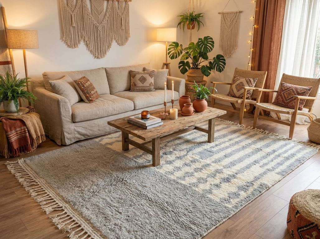 Large custom silver grey Moroccan area rug anchoring a contemporary living room setting with a neutral sofa and minimalist decor.