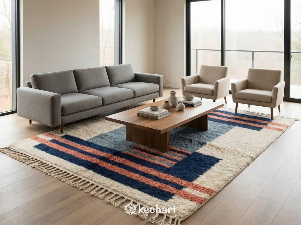 Plush cream and blue Beni Ourain shag rug placed beside a bed in a minimalist bedroom, showing the thick pile and cozy texture.