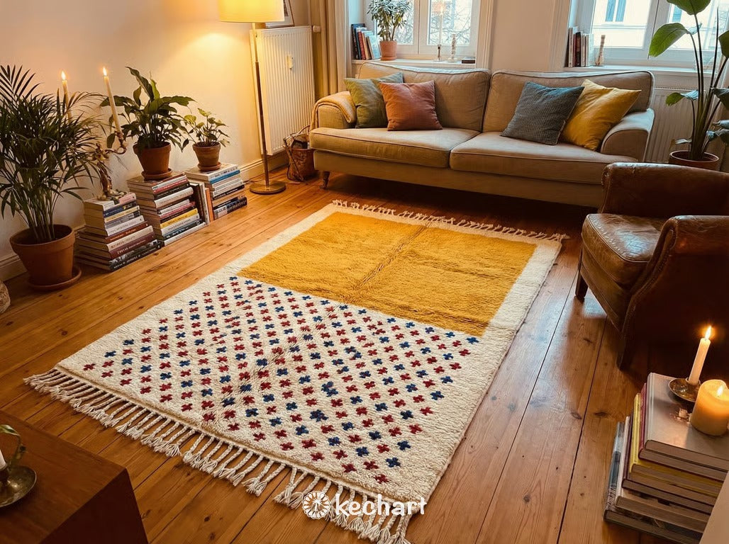 Made to Order Beni Ourain Rug - Plush Moroccan Wool, Saffron & Blue Diamonds