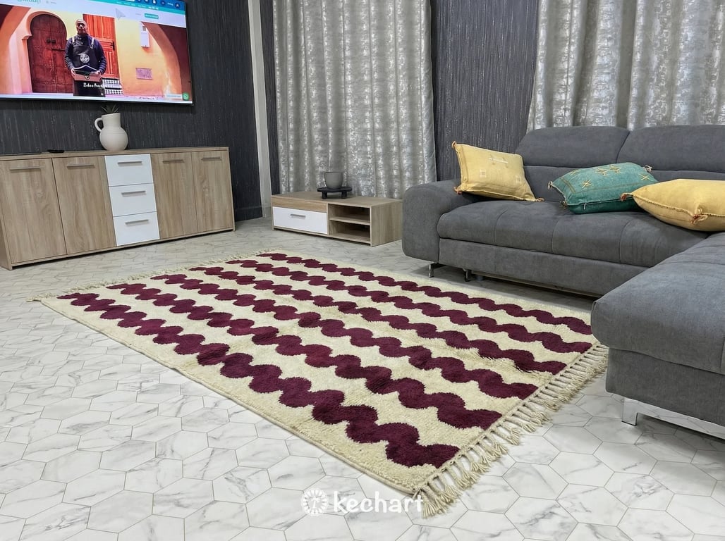 Large custom Moroccan wool area rug with cream and Bordeaux diamond design anchoring a contemporary living room with a neutral linen sofa and wood coffee table.