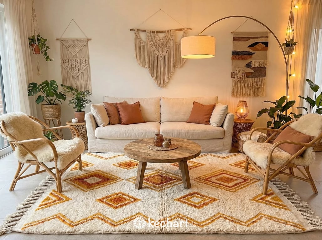 Wide view of a bright, modern, architect-designed living space featuring a large, made-to-order asymmetric yellow Moroccan rug as the central statement piece.