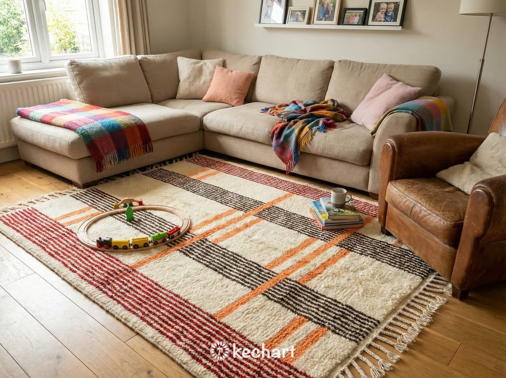 Custom Beni Ourain Rug - Handmade Moroccan Wool in Crimson, Orange & Cream
