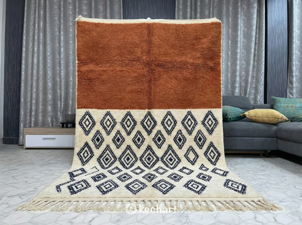 Made to Order Beni Ourain Rug - Custom Moroccan Wool, Rust & Navy Diamonds