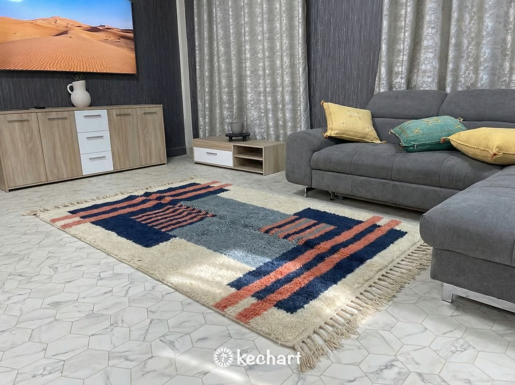 Custom Beni Ourain Rug - Made to Order Moroccan Wool with Blue Diamond Pattern