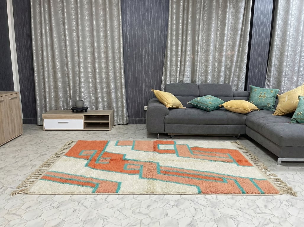 Custom Beni Ourain Moroccan Rug - Made to Order Wool Rug, Coral & Turquoise Diamond