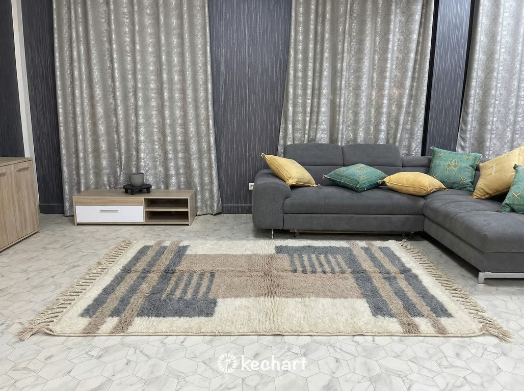 Custom Beni Ourain Rug - Handwoven Moroccan Wool, Grey & Taupe Geometric Diamonds