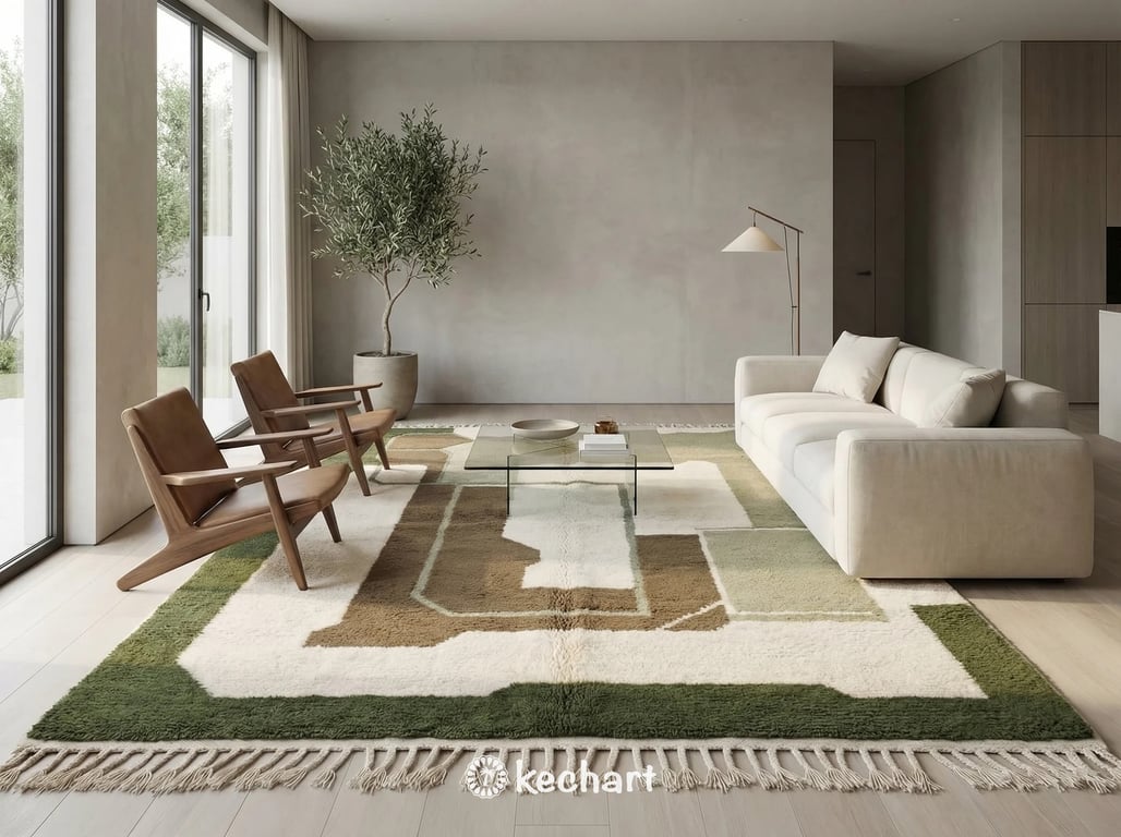 Close-up detailed view of the high pile, hand-knotted wool fibers of the bespoke Moroccan rug, highlighting the authentic craftsmanship and natural color variations in the sage and olive yarn.