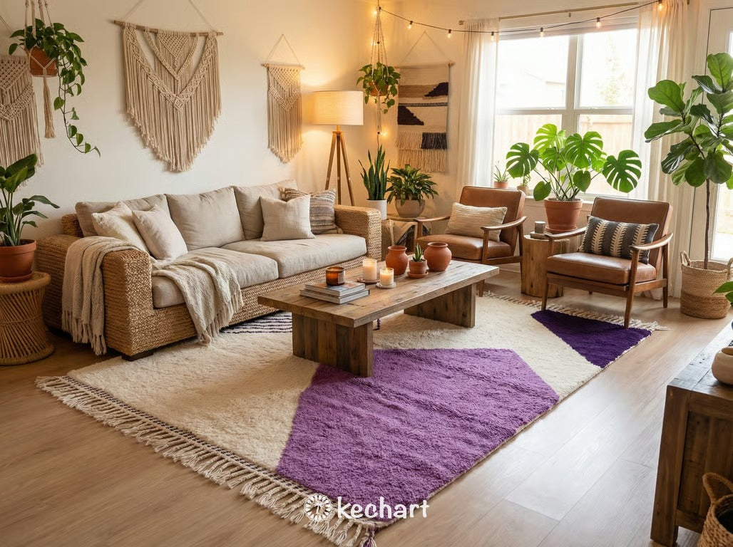Minimalist modern space contrasting a deep violet geometric Berber rug against polished concrete floors and neutral furniture pieces.
