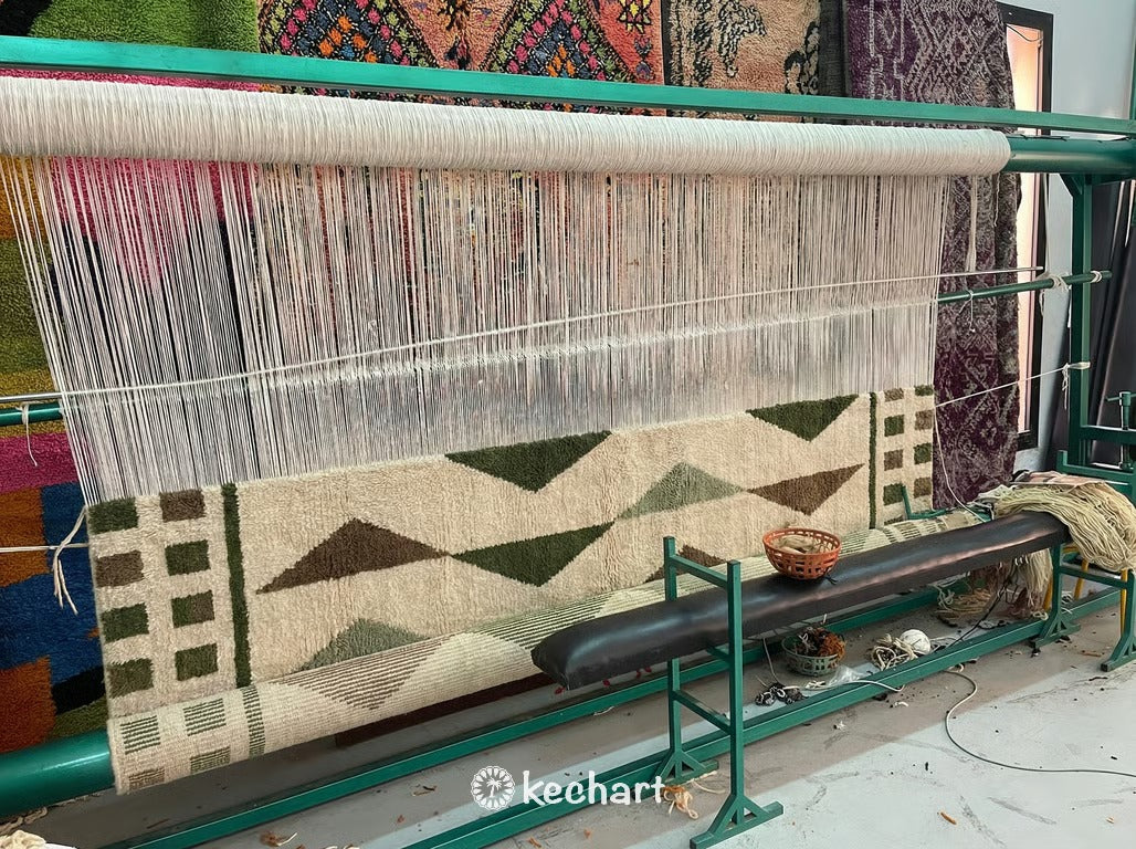 Custom Beni Ourain Moroccan Rug - Plush Wool, Olive & Sage Diamonds