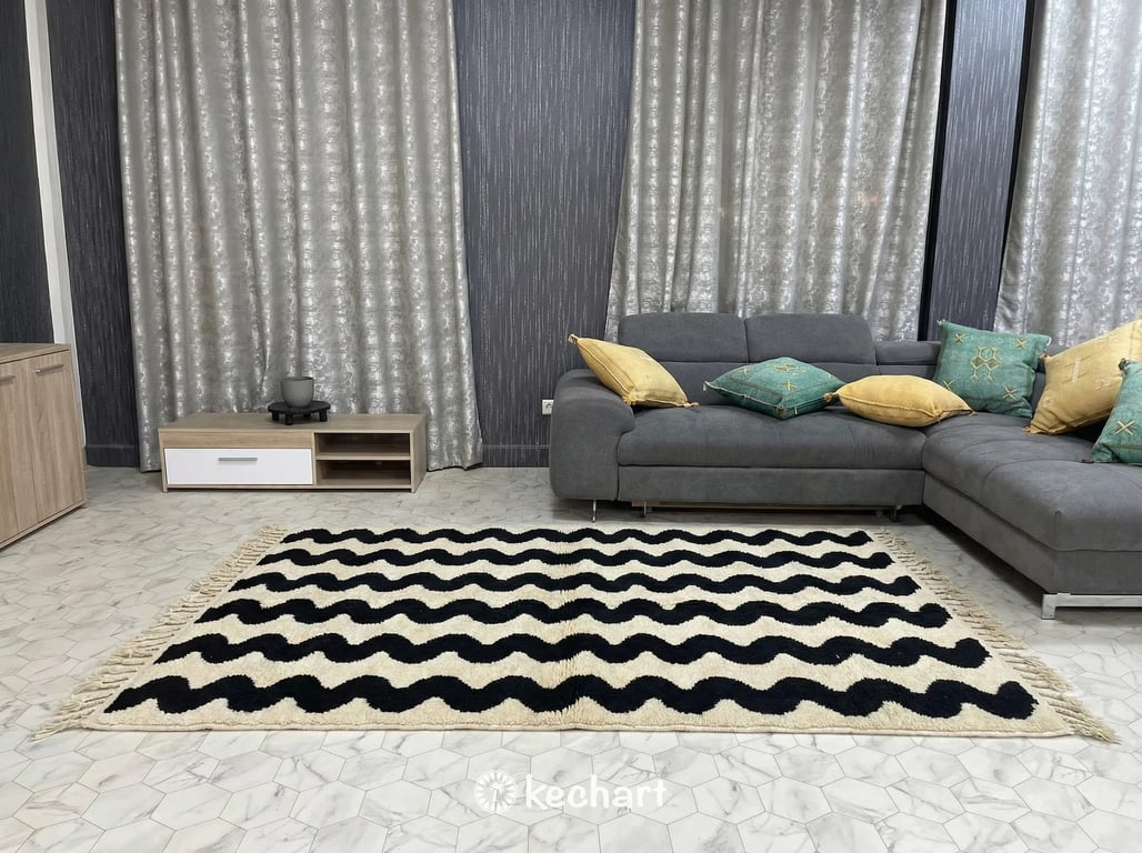 Close-up detail shot demonstrating the high pile height and hand-knotted wool texture of a made-to-order Beni Ourain rug.