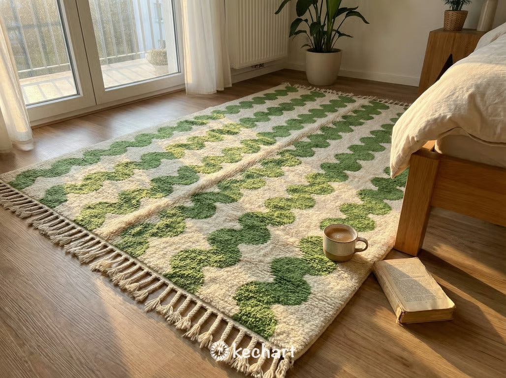 Custom Beni Ourain Rug - Handwoven Moroccan Wool in Cream & Leaf Green