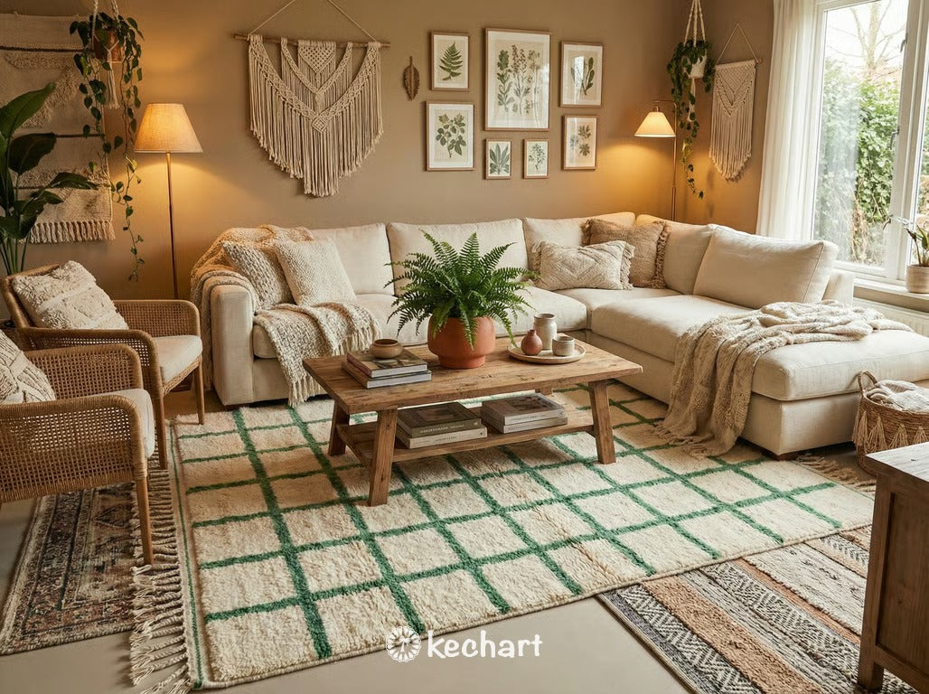 Large Custom Beni Ourain Area Rug with Cream and Green Diamond Design Anchoring a Modern minimalist Living Room setting with a white linen sofa.