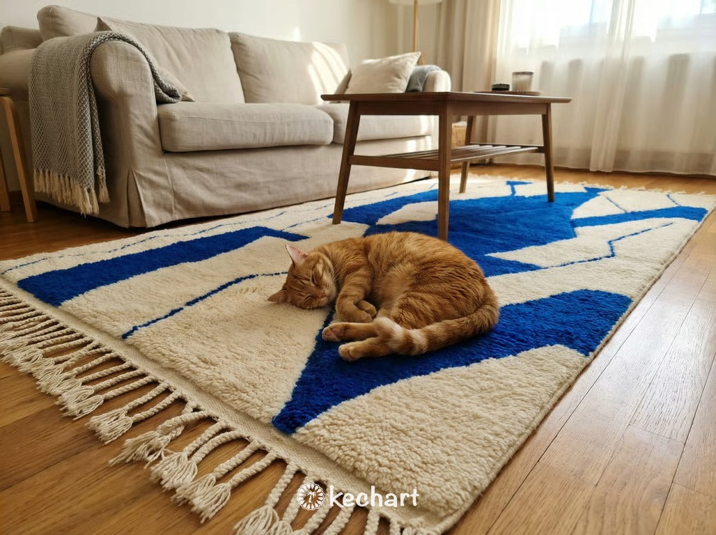 Custom Beni Ourain Rug - Made to Order Moroccan Wool Rug in Cream & Cobalt Blue