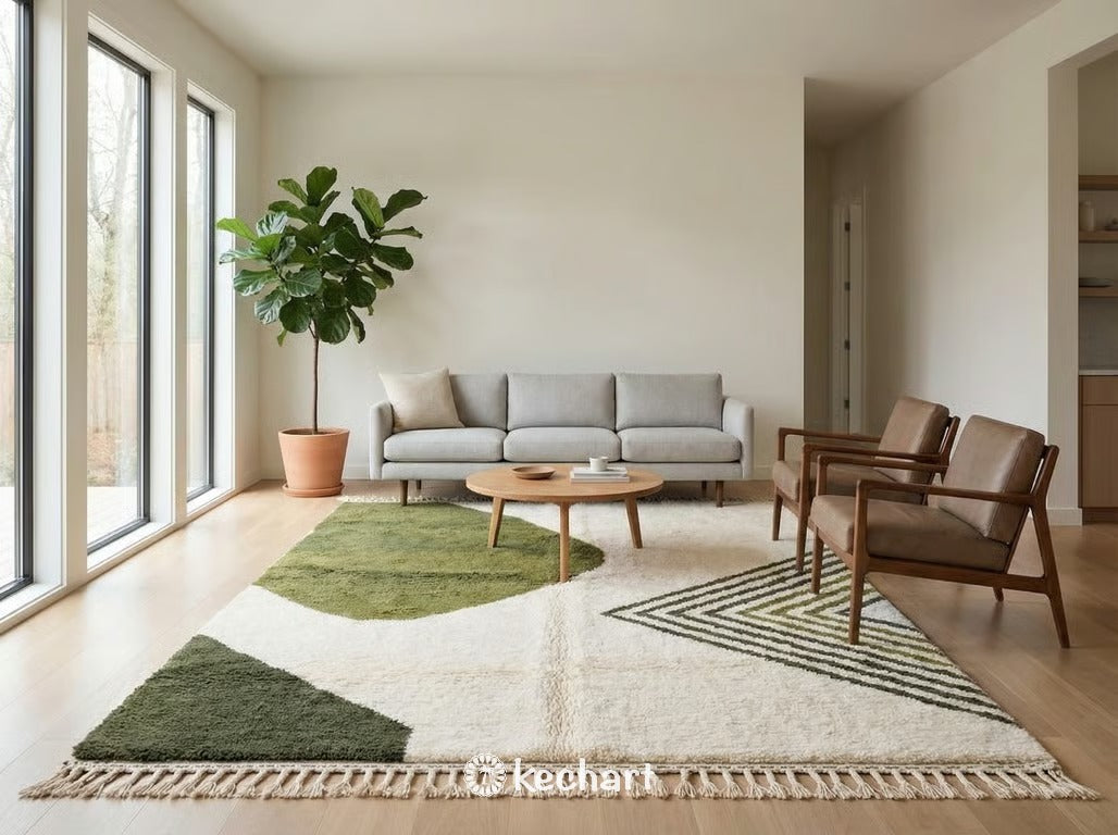 Minimalist sanctuary space featuring a custom sized geometric green wool rug from Morocco as the focal point.