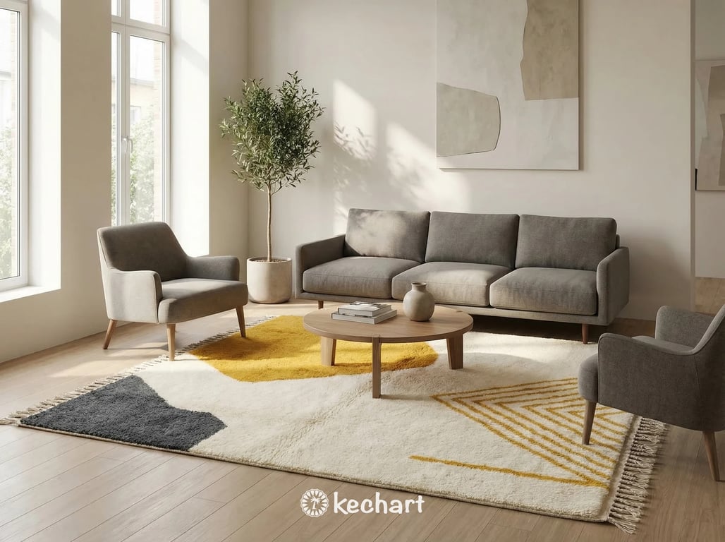 Large custom Moroccan shag rug in cream and yellow tones anchoring a bohemian modern living room with a neutral linen sofa and wooden coffee table.
