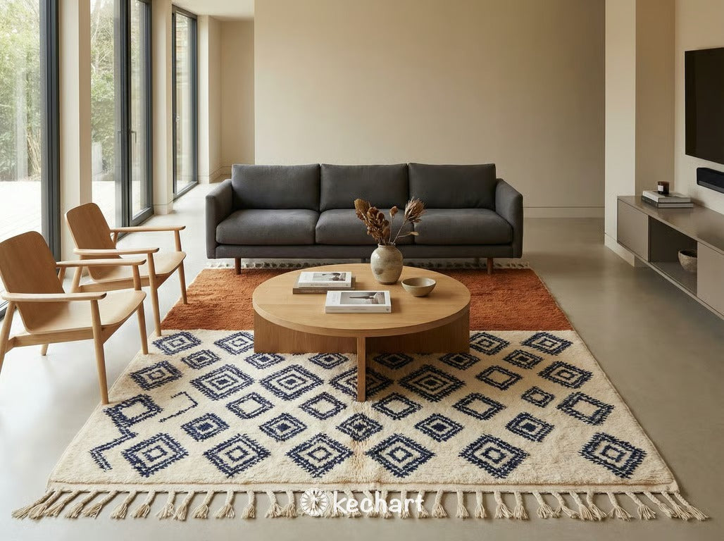 A custom-sized, runner-style Moroccan Beni Ourain rug in an entryway hallway, featuring geometric diamond motifs that guide the eye and warm up the space.
