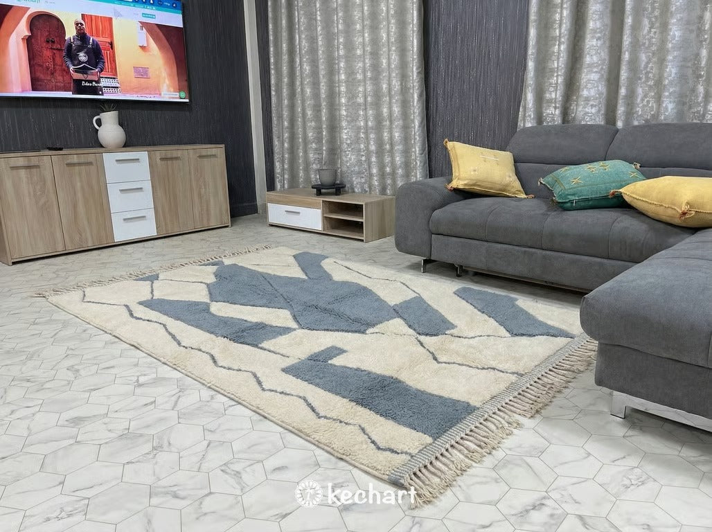 Custom Beni Ourain Rug - Made to Order Cream & Blue Wool