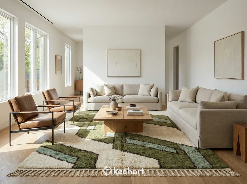 Made to order Moroccan area rug in olive and sage green tones grounding a contemporary living room with a neutral linen sofa and wooden coffee table.