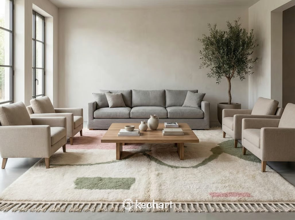 Soft white Moroccan rug with gentle sage green and powder pink geometric diamonds, perfect for a stylish and cozy nursery or child's room.