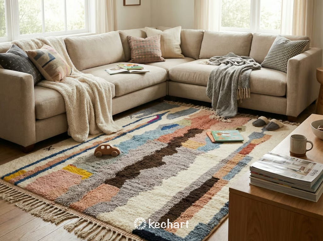 Custom Beni Ourain Rug - Handmade Moroccan Wool, Cream & Beige Diamond