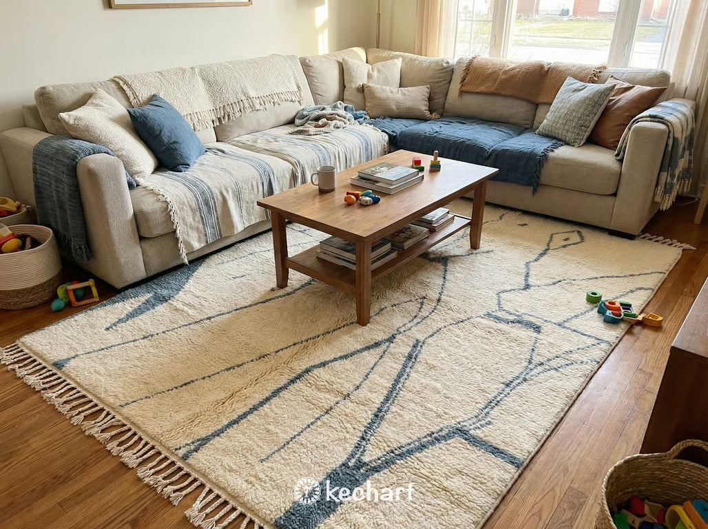 Custom Size Beni Ourain Moroccan Rug - Plush Wool with Blue Grey Diamonds