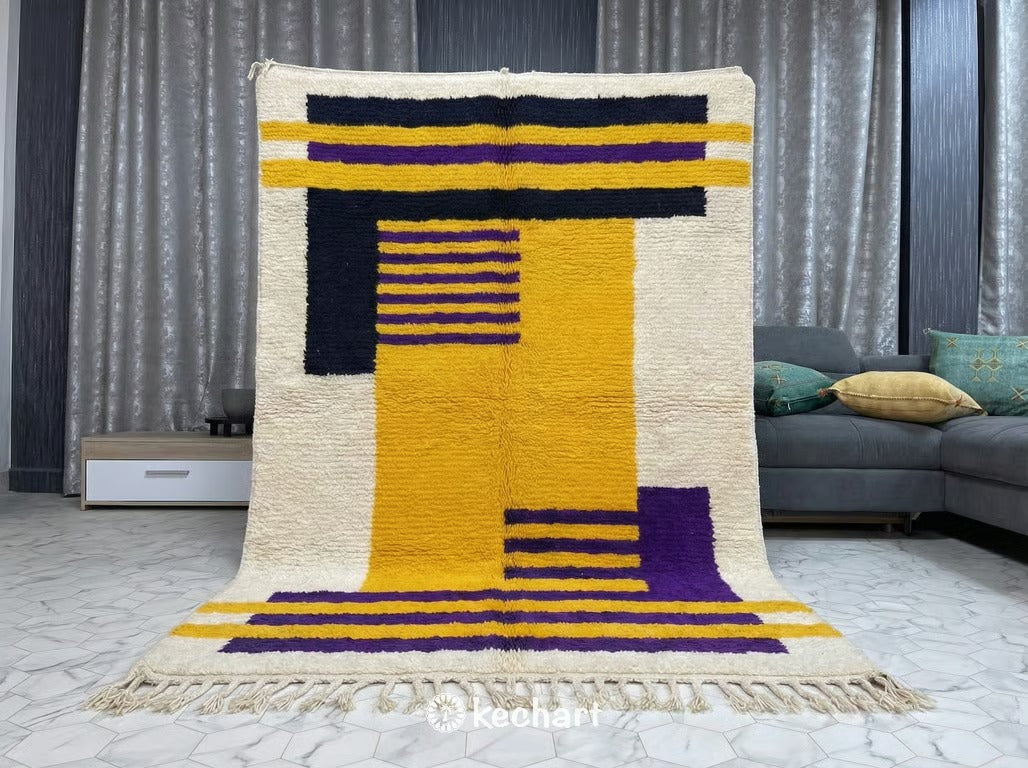 Custom Beni Ourain Rug - Handwoven Wool, Night Sky & Sunflower Diamonds