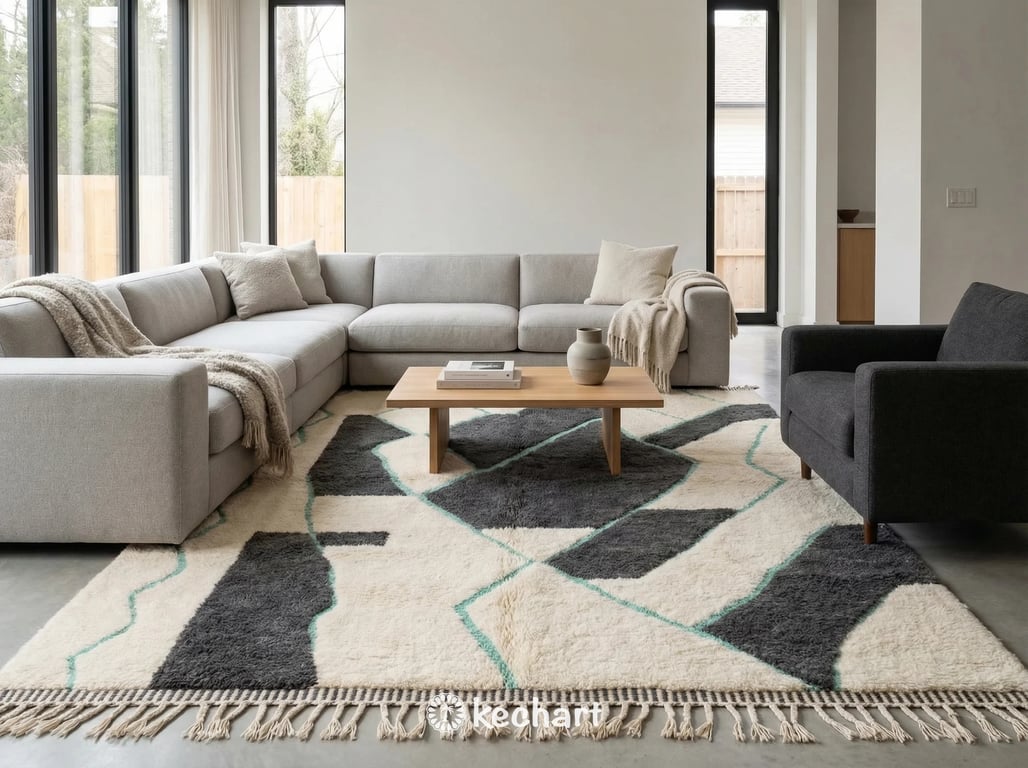 A large custom Moroccan wool area rug anchored in a bohemian living room setting under a neutral sofa, highlighting the thick shag texture and mint accents.