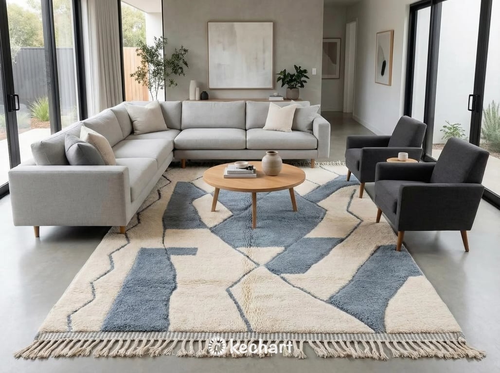 Handwoven Berber wool rug in a cozy nursery, providing a soft play area. The geometric diamond pattern in dusty blue contrast against the cream wool pile.