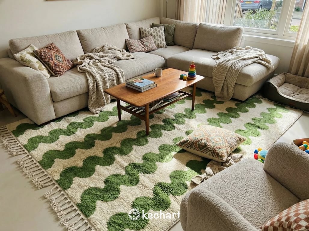 Custom Beni Ourain Rug - Handwoven Moroccan Wool in Cream & Leaf Green