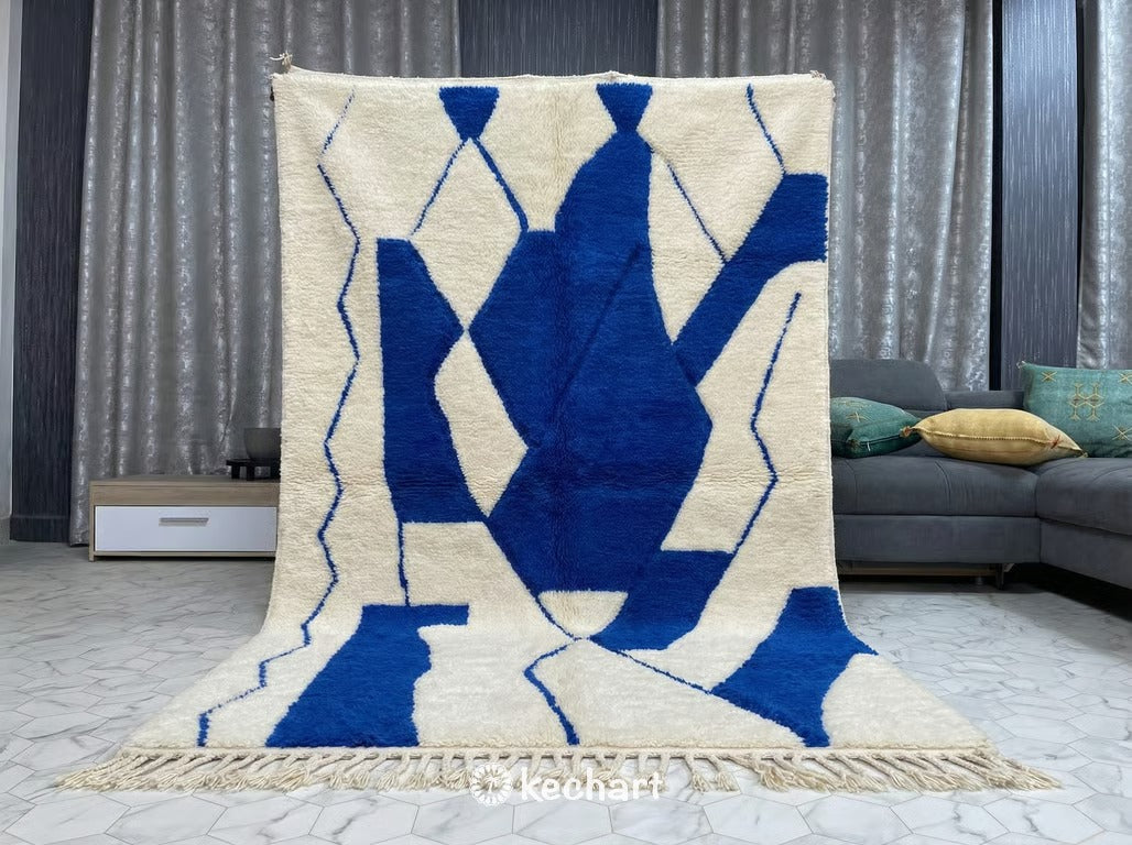 Custom Beni Ourain Rug - Made to Order Moroccan Wool Rug in Cream & Cobalt Blue