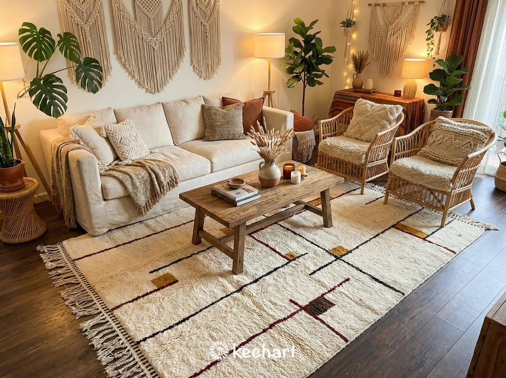 Plush custom Moroccan area rug with warm red and earth tone diamonds anchoring a modern bohemian living room with a leather sofa and wood accents.