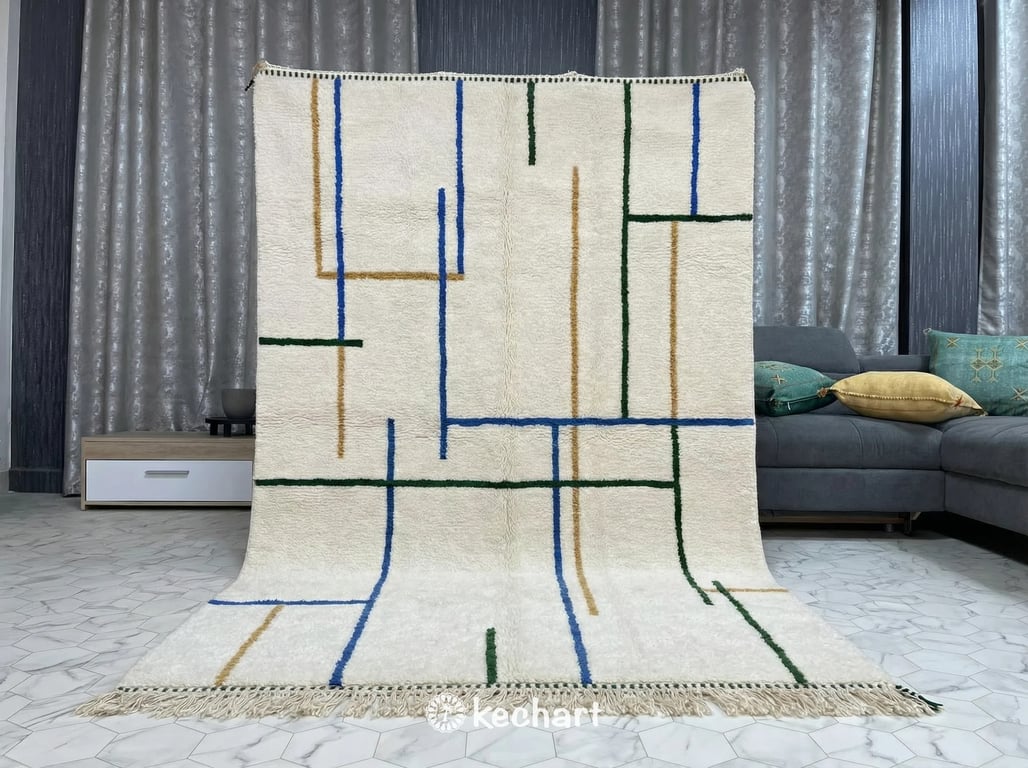 Custom Size Beni Ourain Rug - Handwoven Geometric Wool in Blue & Gold