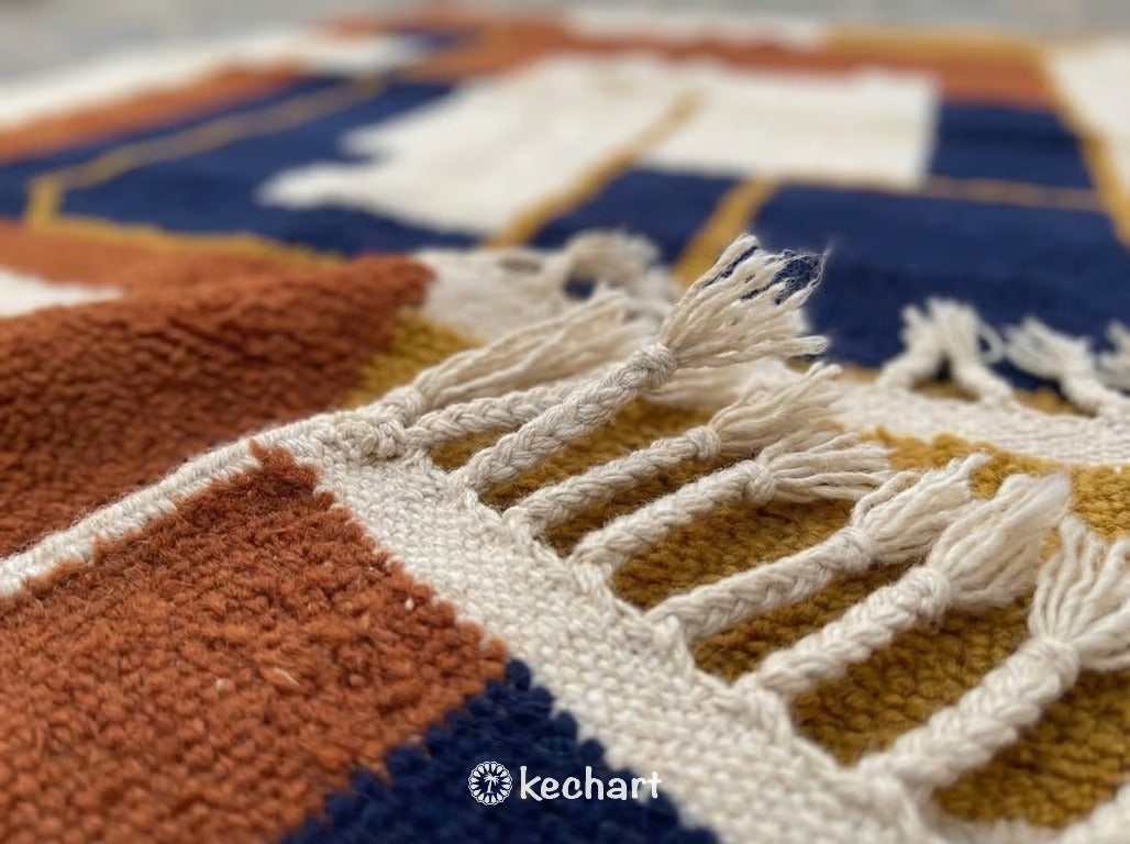 Custom Beni Ourain Rug - Made to Order Moroccan Wool with Rust & Navy Geometrics