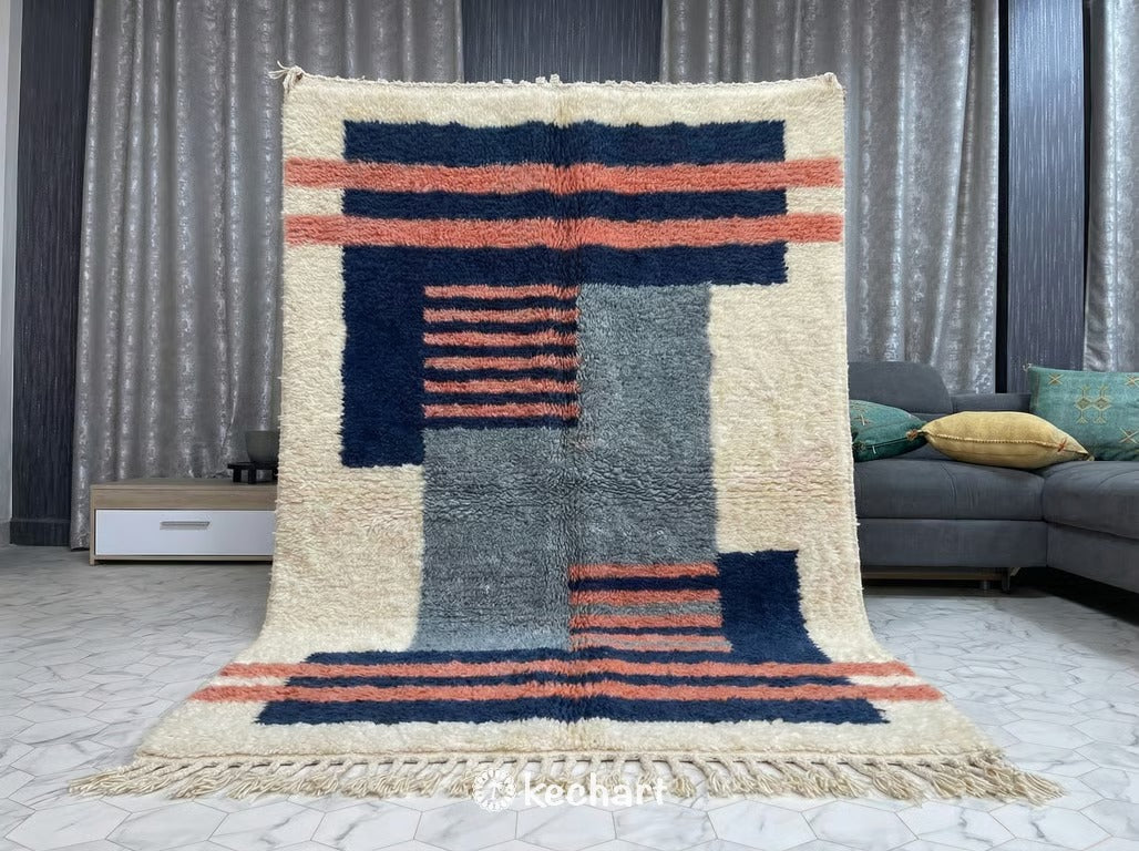 Custom Beni Ourain Rug - Made to Order Moroccan Wool with Blue Diamond Pattern