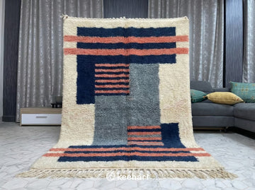 Custom Beni Ourain Rug - Made to Order Moroccan Wool with Blue Diamond Pattern