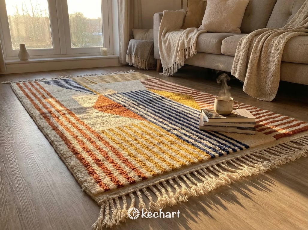 Custom Beni Ourain Rug - Handwoven Moroccan Wool, Rust & Navy Diamonds