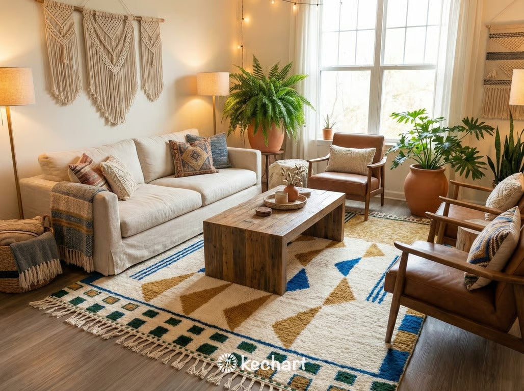 Cozy custom size Berber rug used in a stylish nursery, providing a soft play area with its colorful geometric diamond motif.