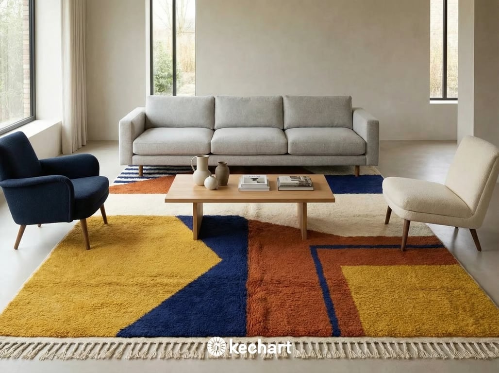 Plush Beni Ourain shag rug placed partially under a bed in a cozy bedroom, adding warmth and high-pile texture with rust and navy color accents.