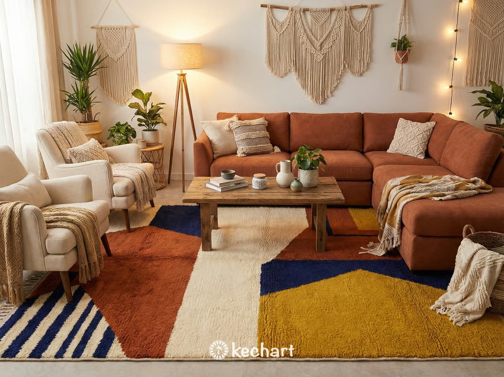 Large custom Moroccan area rug anchoring a modern bohemian living room, featuring rust and cream diamond motifs against a neutral linen sofa and wooden coffee table.