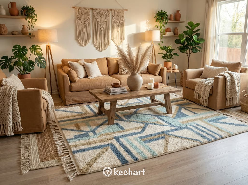 Large custom Moroccan shag rug in a modern bohemian living room setting, anchored under a neutral linen sofa with natural wood accents.