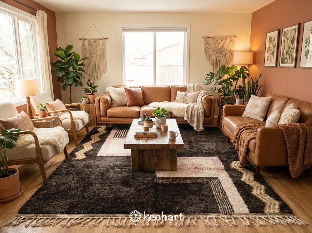 Cozy Beni Ourain shag rug placed beside a bed in a bohemian master bedroom, adding texture and warmth with saffron and brown colors.