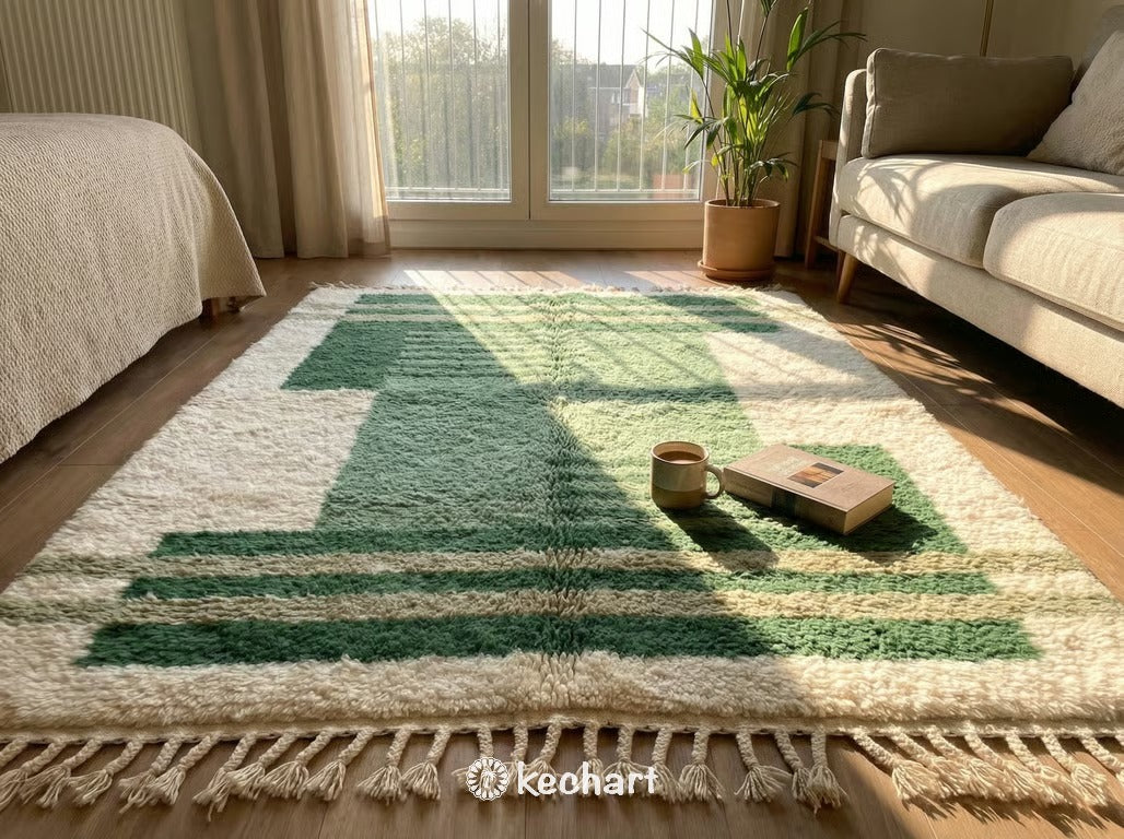 Custom Beni Ourain Rug - Plush Green Geometric Diamond Wool Rug, Made to Order