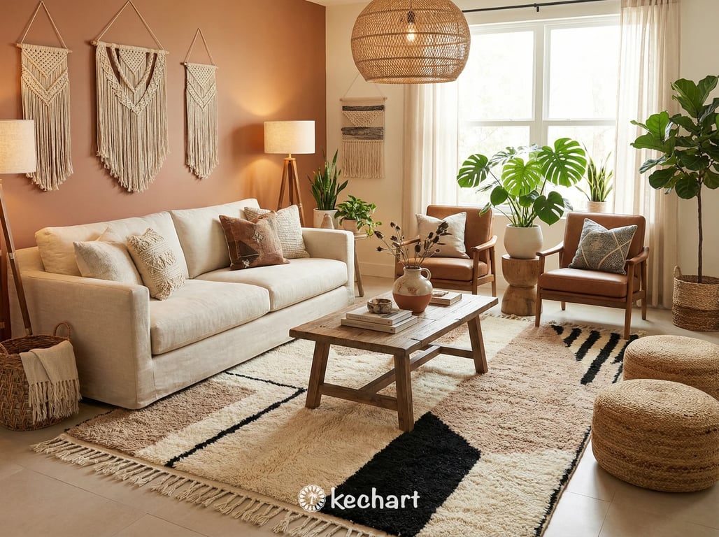 Made to order plush Moroccan wool rug under a bed in a bohemian bedroom setting, adding warmth and texture with its creamy tones and geometric design.