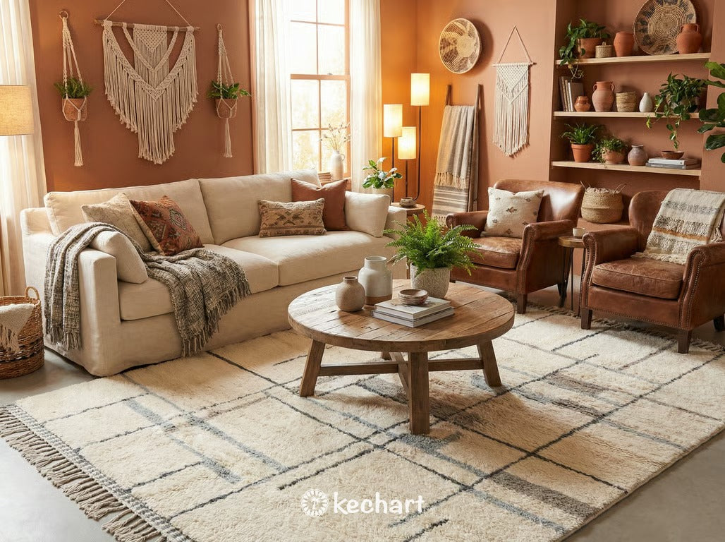 Plush made-to-order Moroccan wool shag rug in grey and cream tones placed beneath a king-sized bed in a serene, neutral-toned master bedroom.