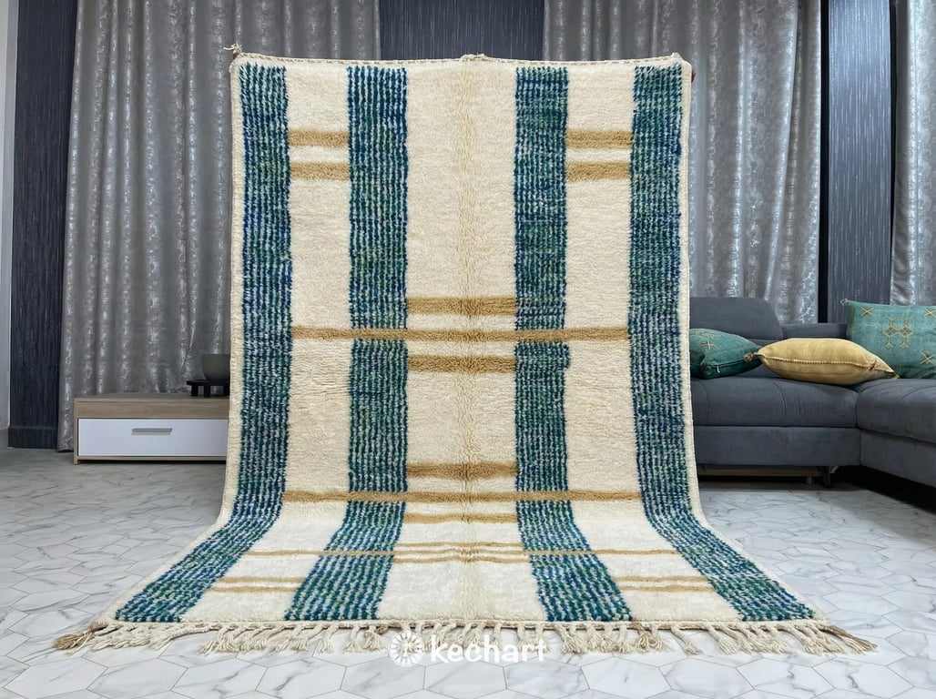 Vibrant custom size Moroccan rug with playful geometric colors used as a soft floor covering in a design-conscious nursery or playroom.