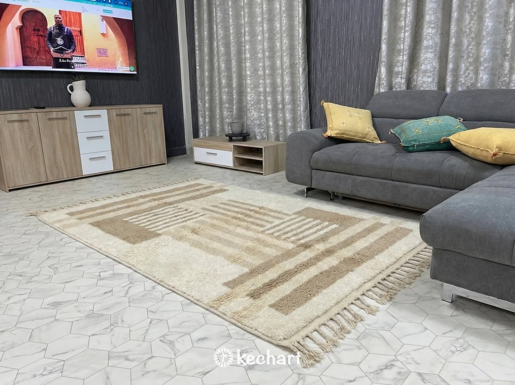 Custom Size Beni Ourain Rug - Plush Moroccan Wool Area Rug, Cream & Beige
