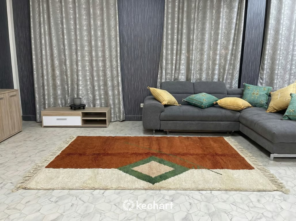 Custom Size Beni Ourain Rug - Handwoven Moroccan Wool, Rust & Beige Diamonds